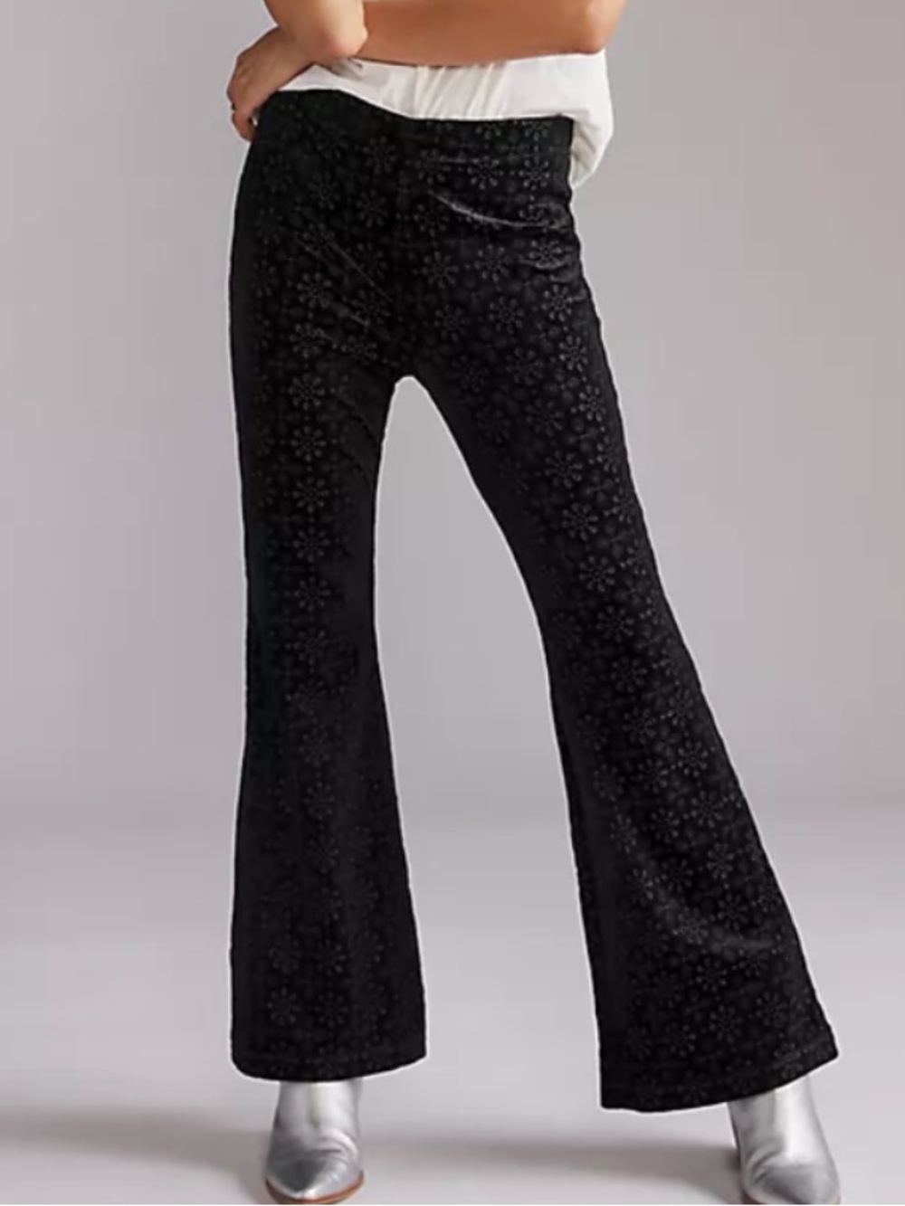 By Anthropologie | The Joni Black Velvet Floral Flare Pants Embroidered Small